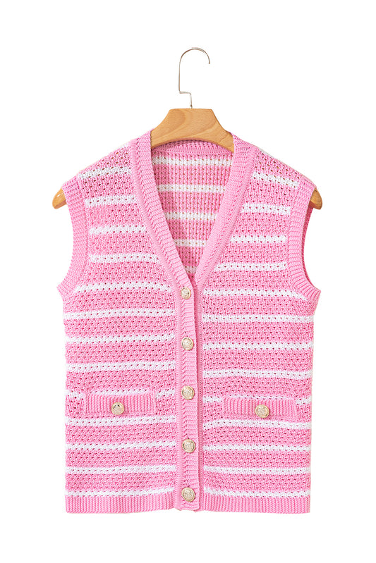 Pink Striped V Neck Button Knit Vest
