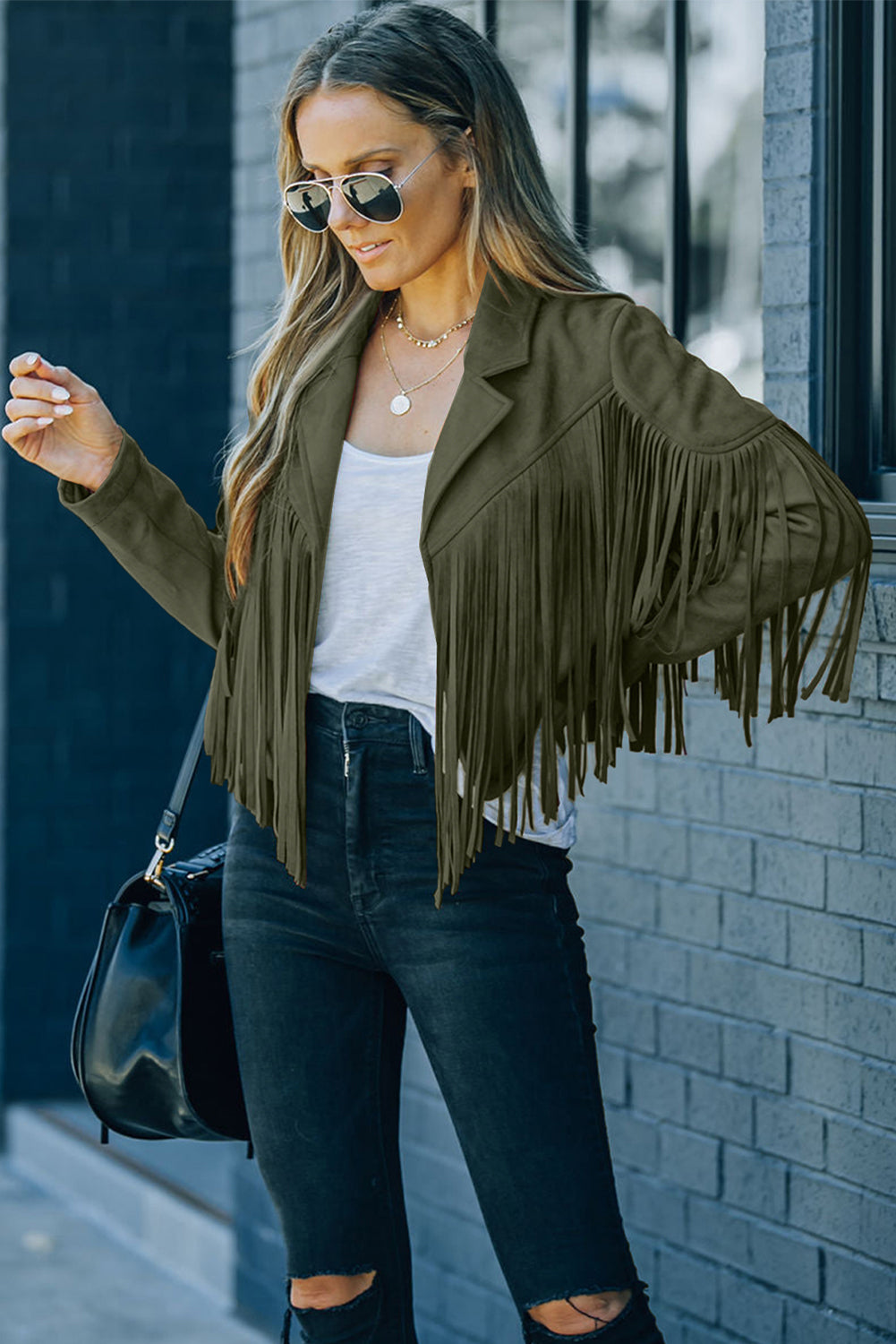 Gray Cropped Fringe Faux Suede Jacket