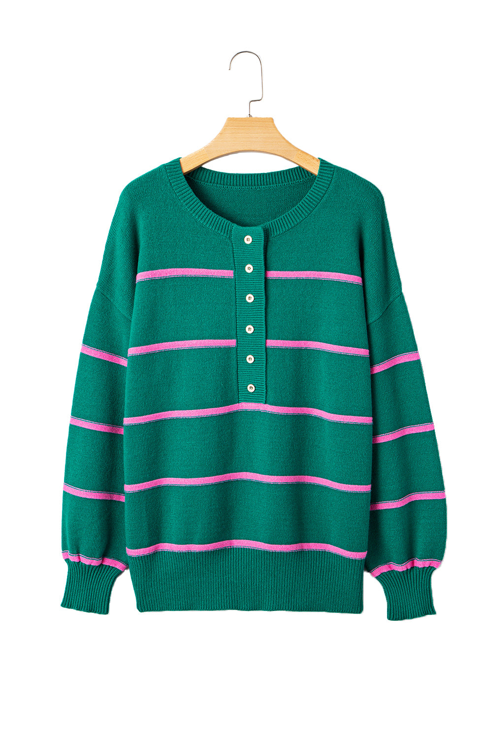 Green Striped Half Button Drop Shoulder Oversized Sweater