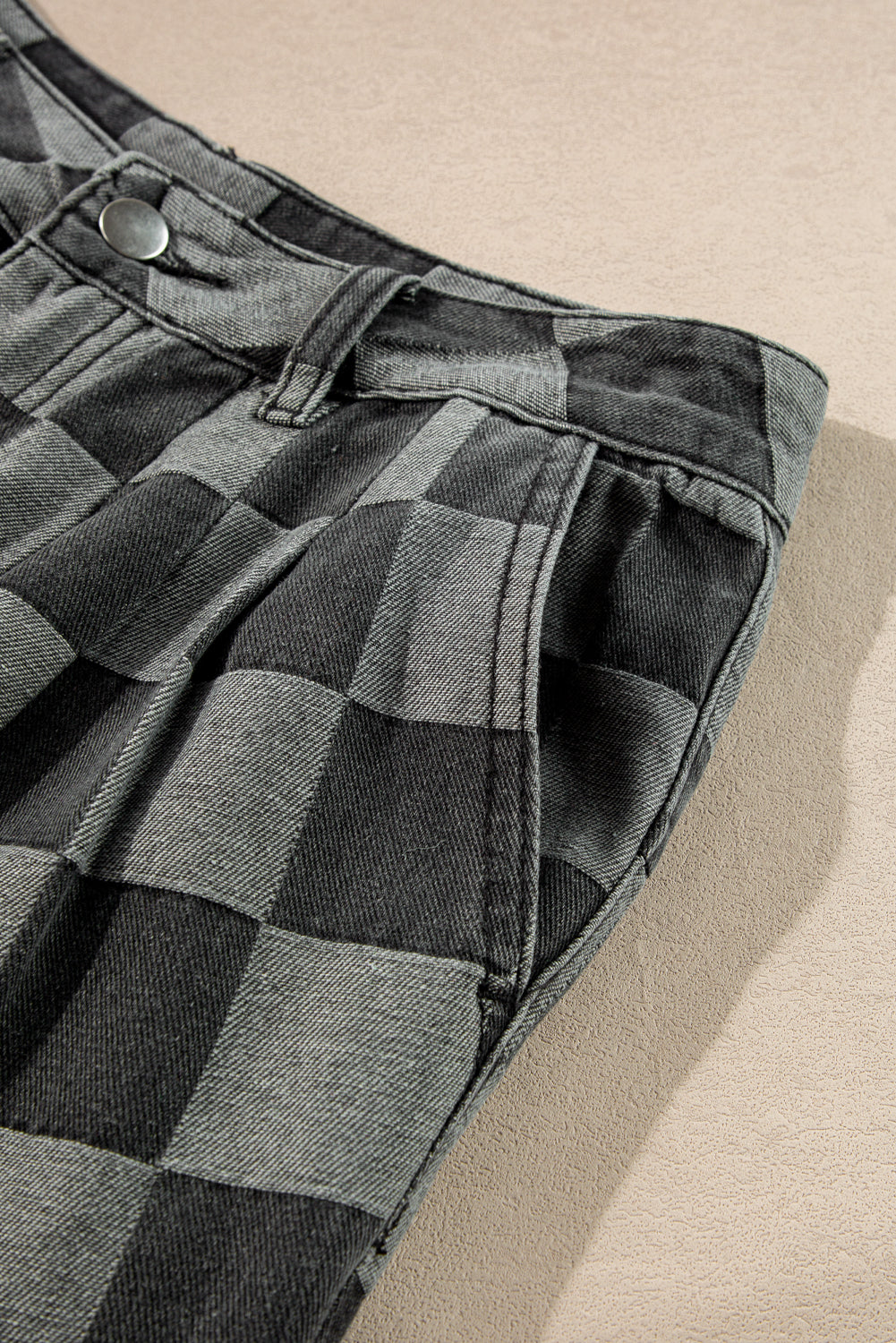 Dark Grey Checkered Light Washed Wide Leg Jeans