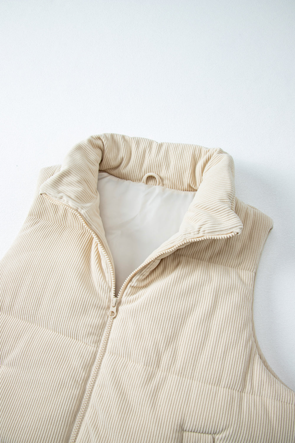 Beige Corduroy Stand Neck Zipped Puffer Vest