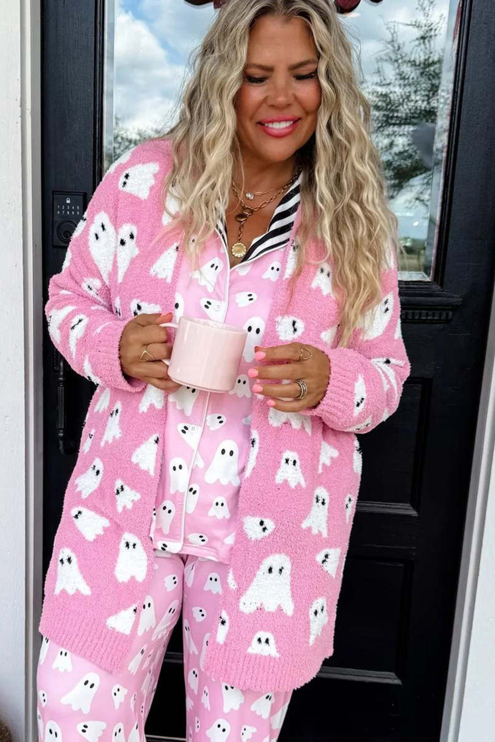 Black Halloween Plaid Ghost Pattern Mid length Knitted Cardigan