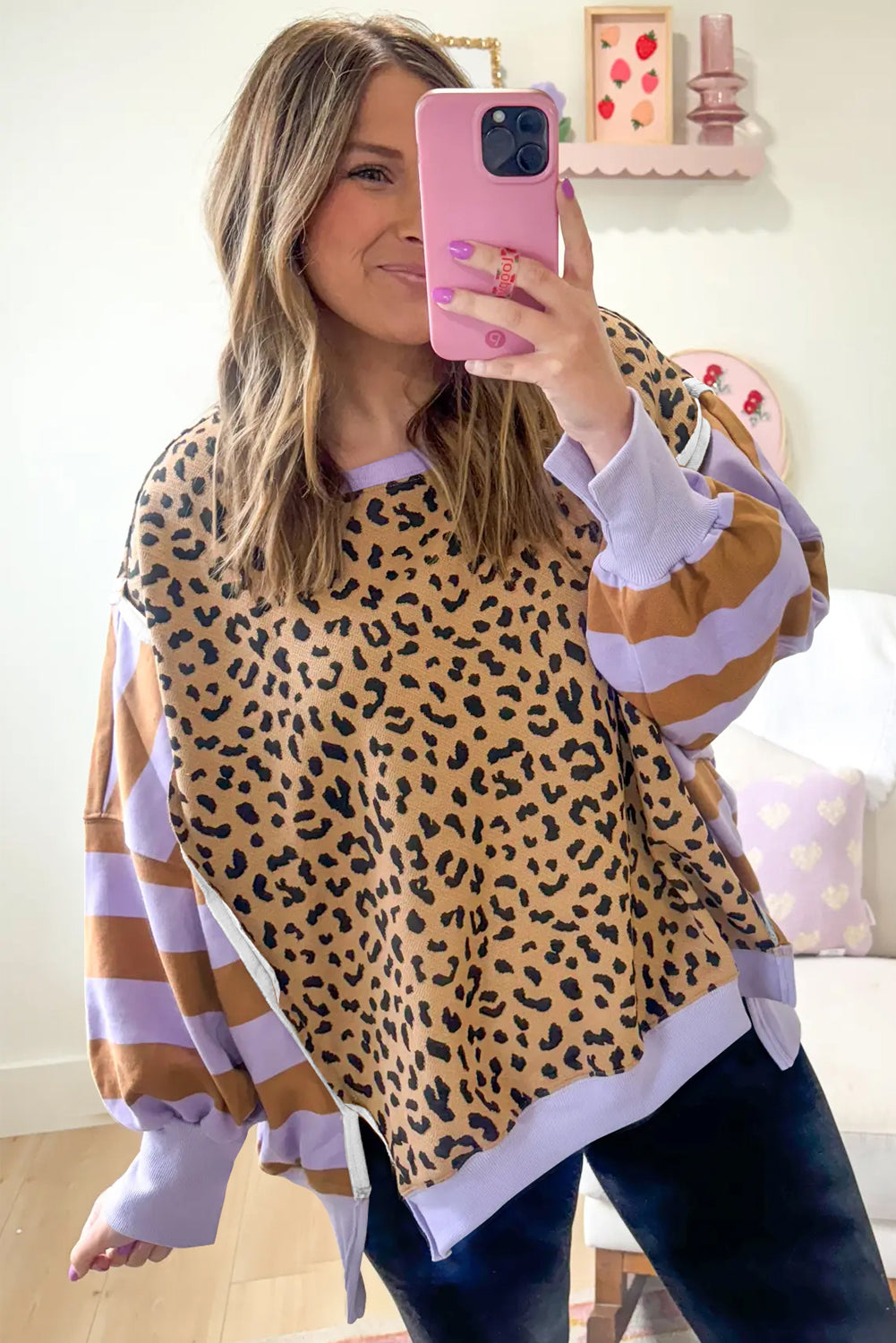Khaki Striped Leopard Colorblock Side Slits Sweatshirt
