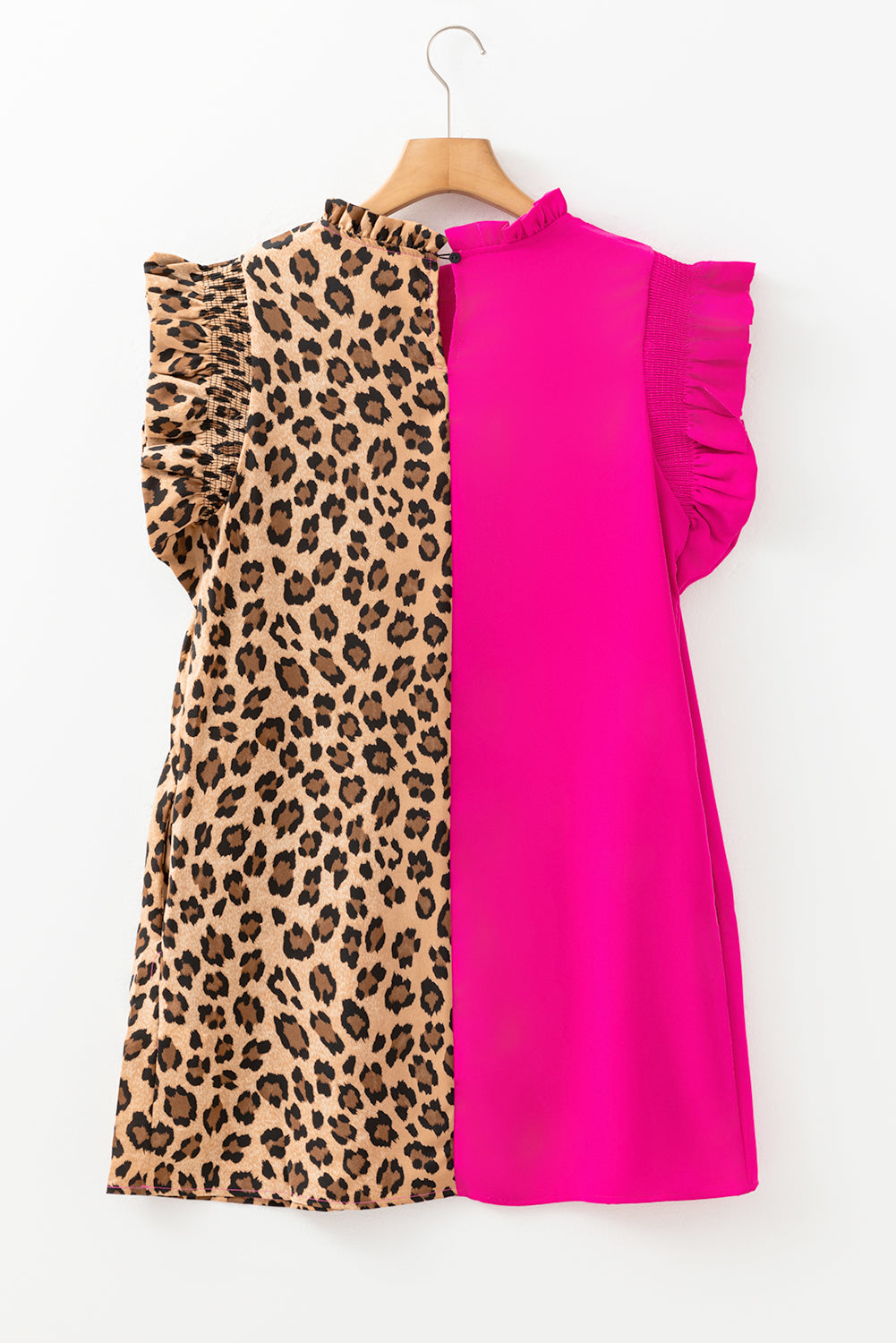 Rose Red Leopard Contrast Patchwork Ruffled Sleeve Short Shift Dress