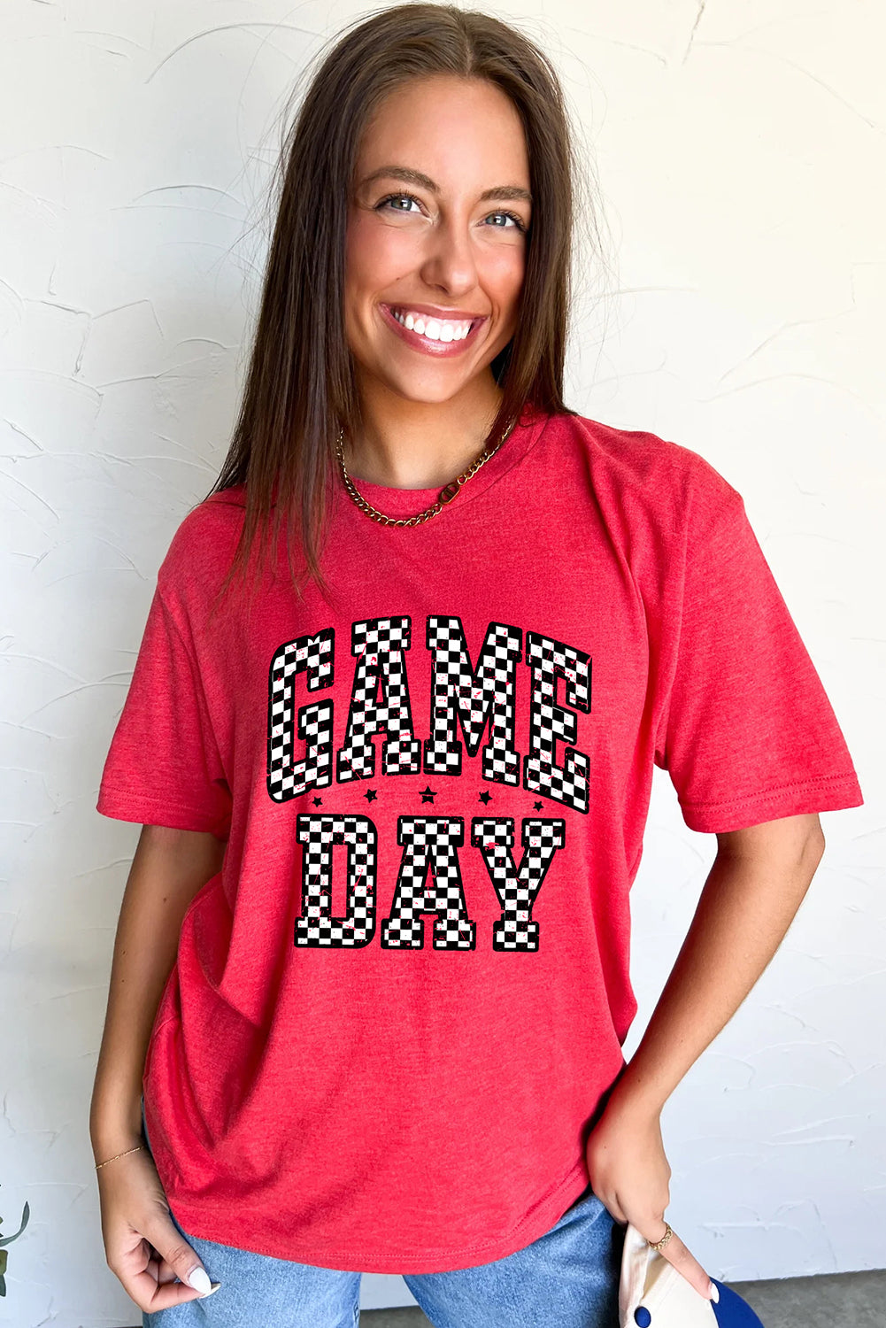 Red Checkered Game Day Heat Transfer Printing Graphic T Shirt