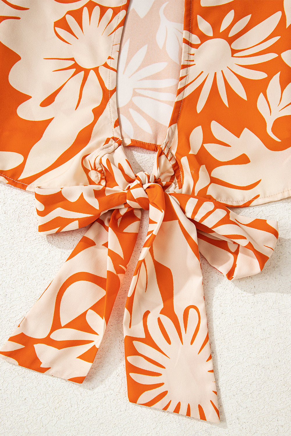 Orange Floral Print Knotted Backless Long Sleeve Blouse