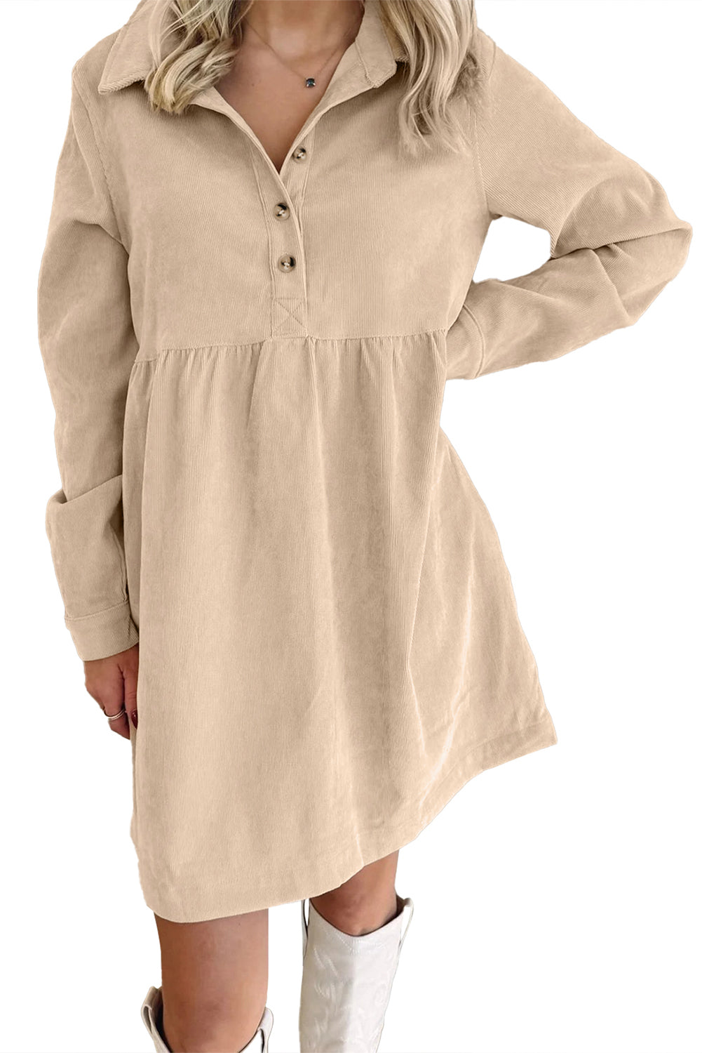 Oatmeal Corduroy Half Button Collared Long Sleeve Mini Dress