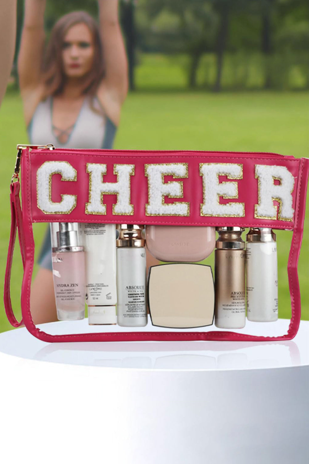 Bright Pink CHEER Chenille Letter Zipper Varsity Clear Makeup Bag