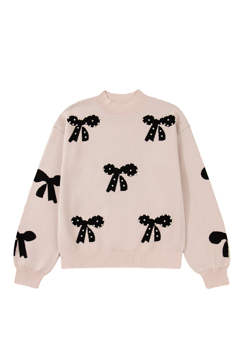 Smoke Gray Pearl Embellished Bow Pattern Loose Sweater