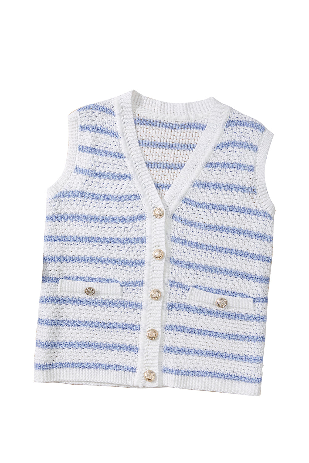 Pink Striped V Neck Button Knit Vest