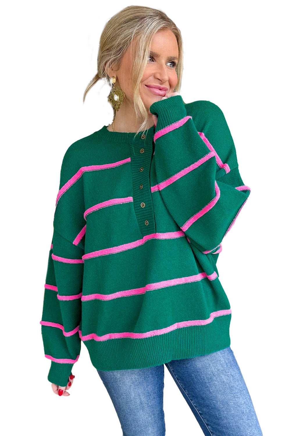 Green Striped Half Button Drop Shoulder Oversized Sweater
