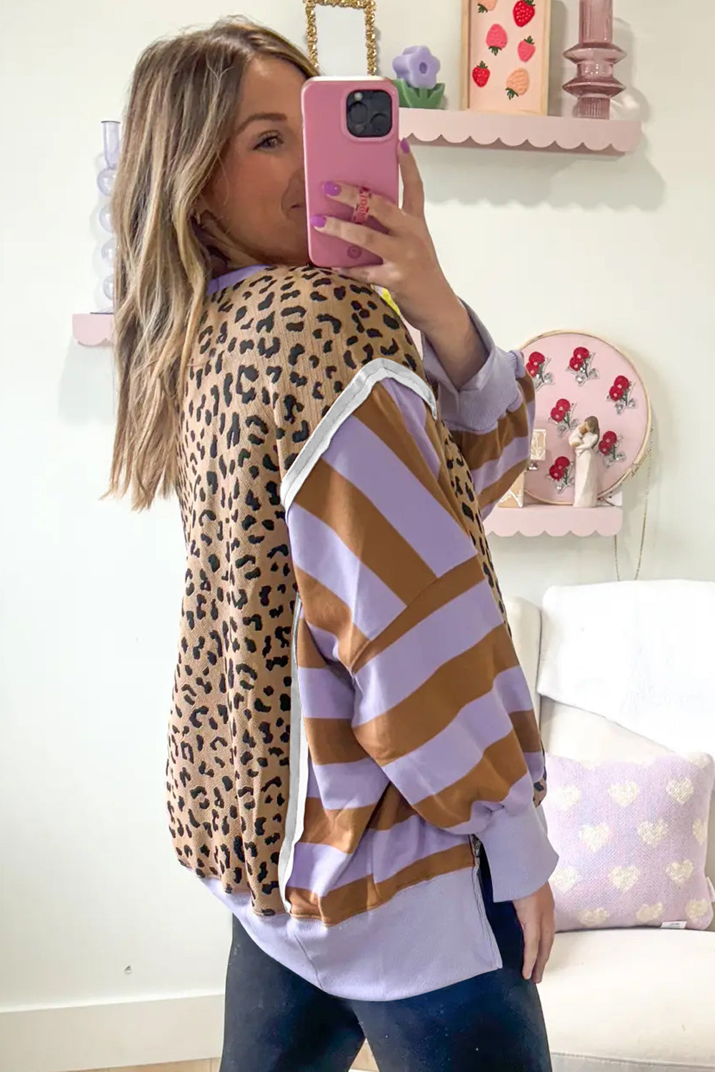 Khaki Striped Leopard Colorblock Side Slits Sweatshirt