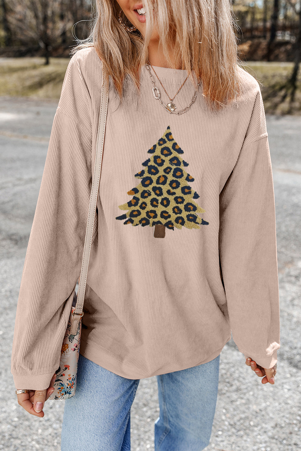 Apricot Leopard Christmas Tree Terry Flocking Corded Sweatshirt