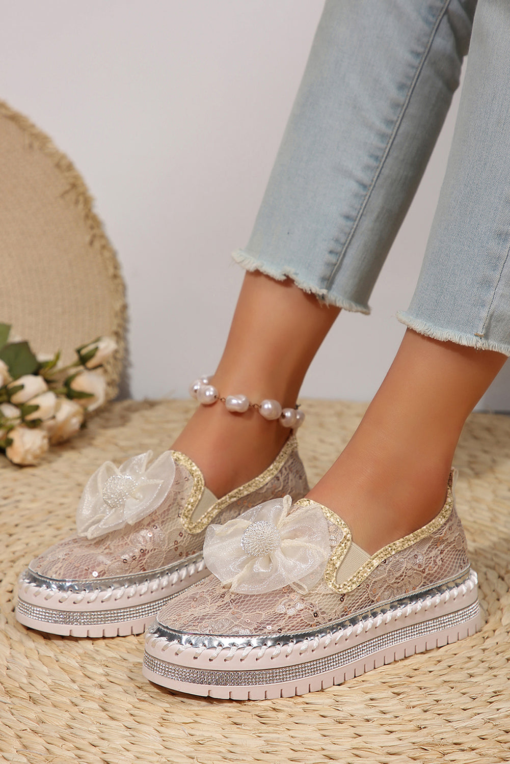 White Sequin Bow Thick Sole Casual Shoes
