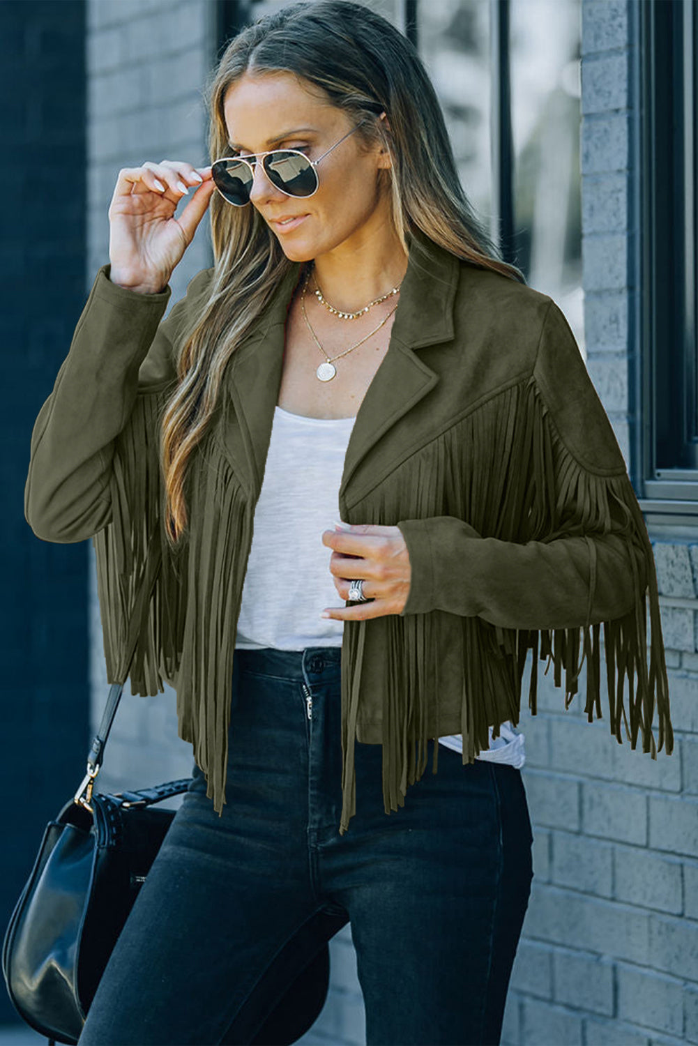 Gray Cropped Fringe Faux Suede Jacket