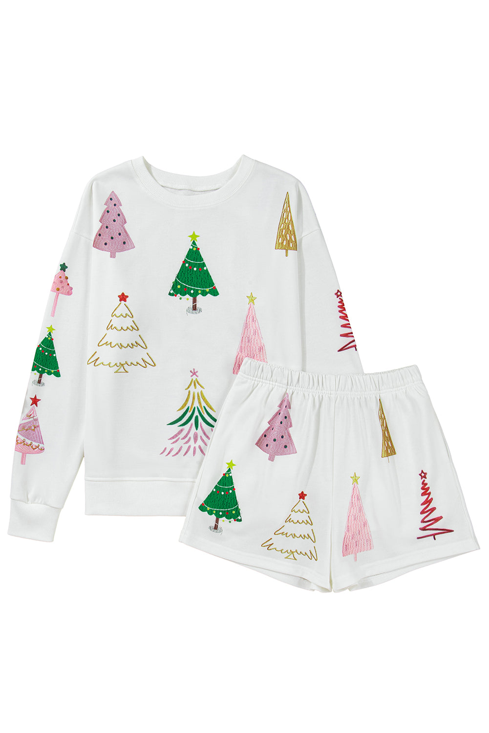 White Christmas Tree Long Sleeve Top and Shorts Pajama Set