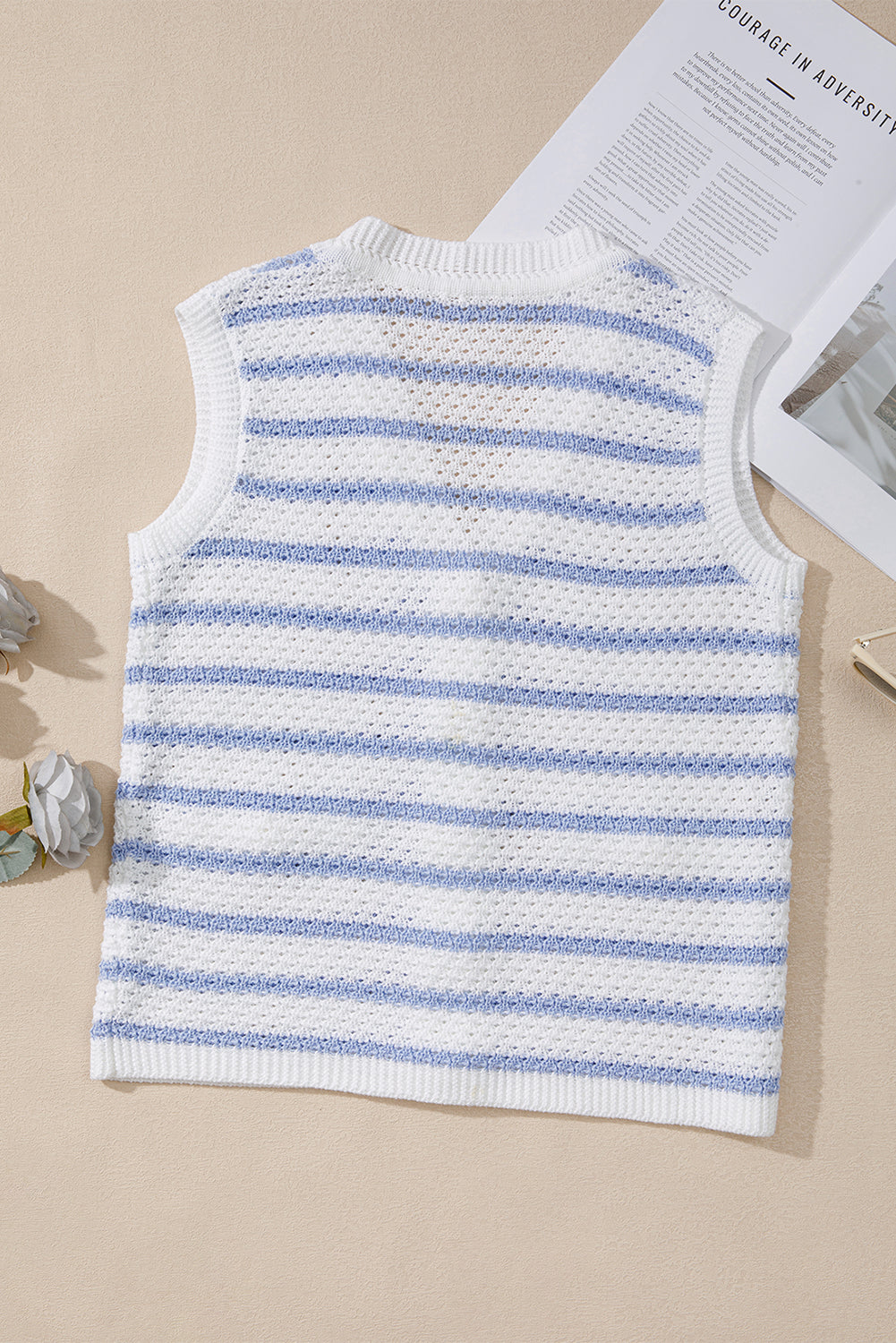 Pink Striped V Neck Button Knit Vest