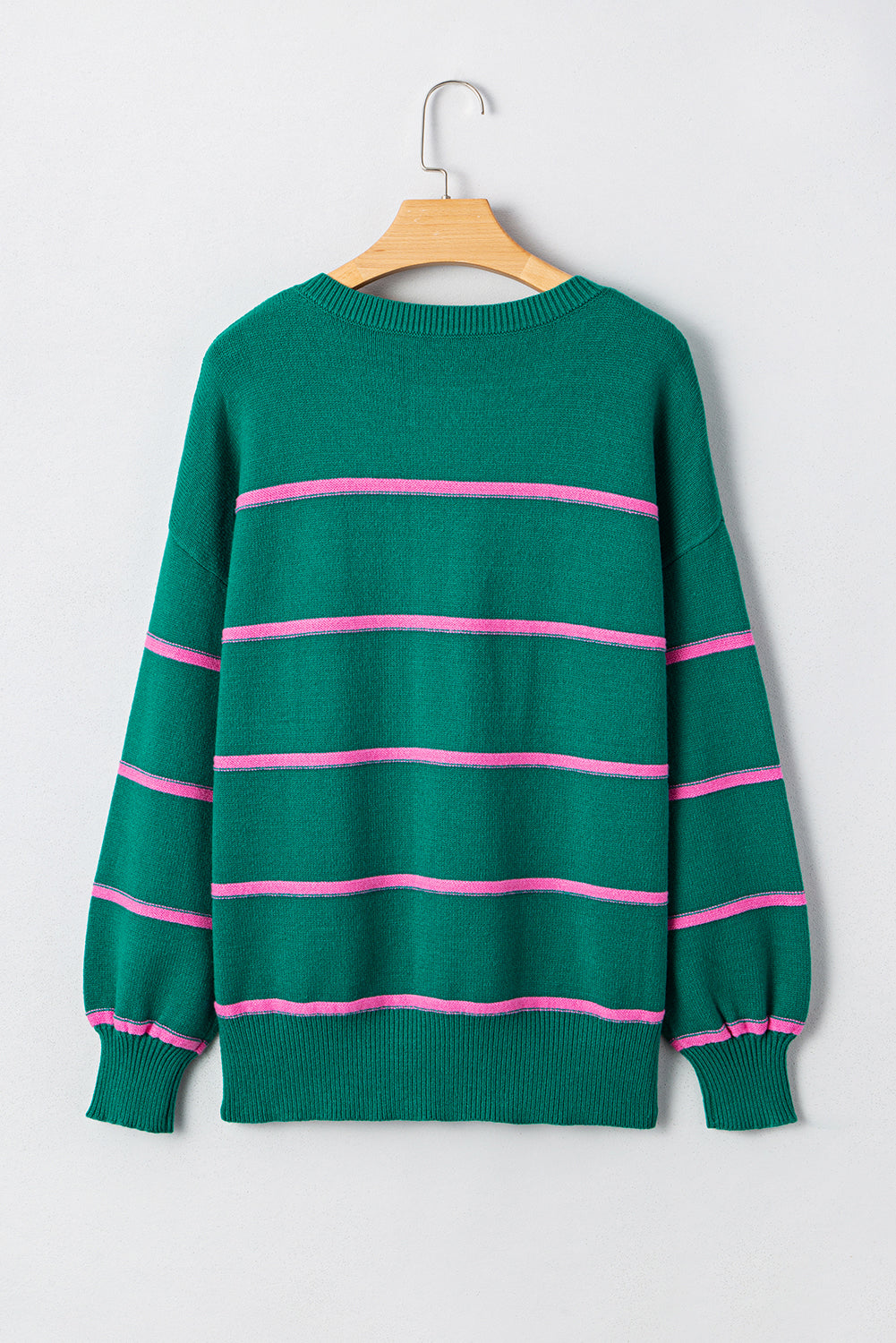 Green Striped Half Button Drop Shoulder Oversized Sweater