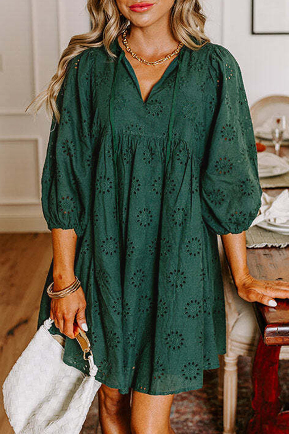 Blackish Green Embroidered Eyelet Pattern Puff Sleeve Mini Dress