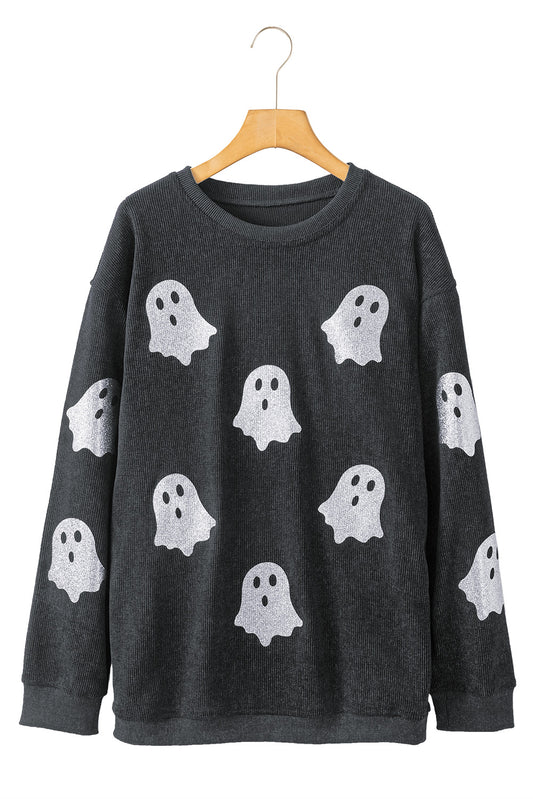 Black Halloween Ghost Corded Crew Neck Loose Sweatshirt