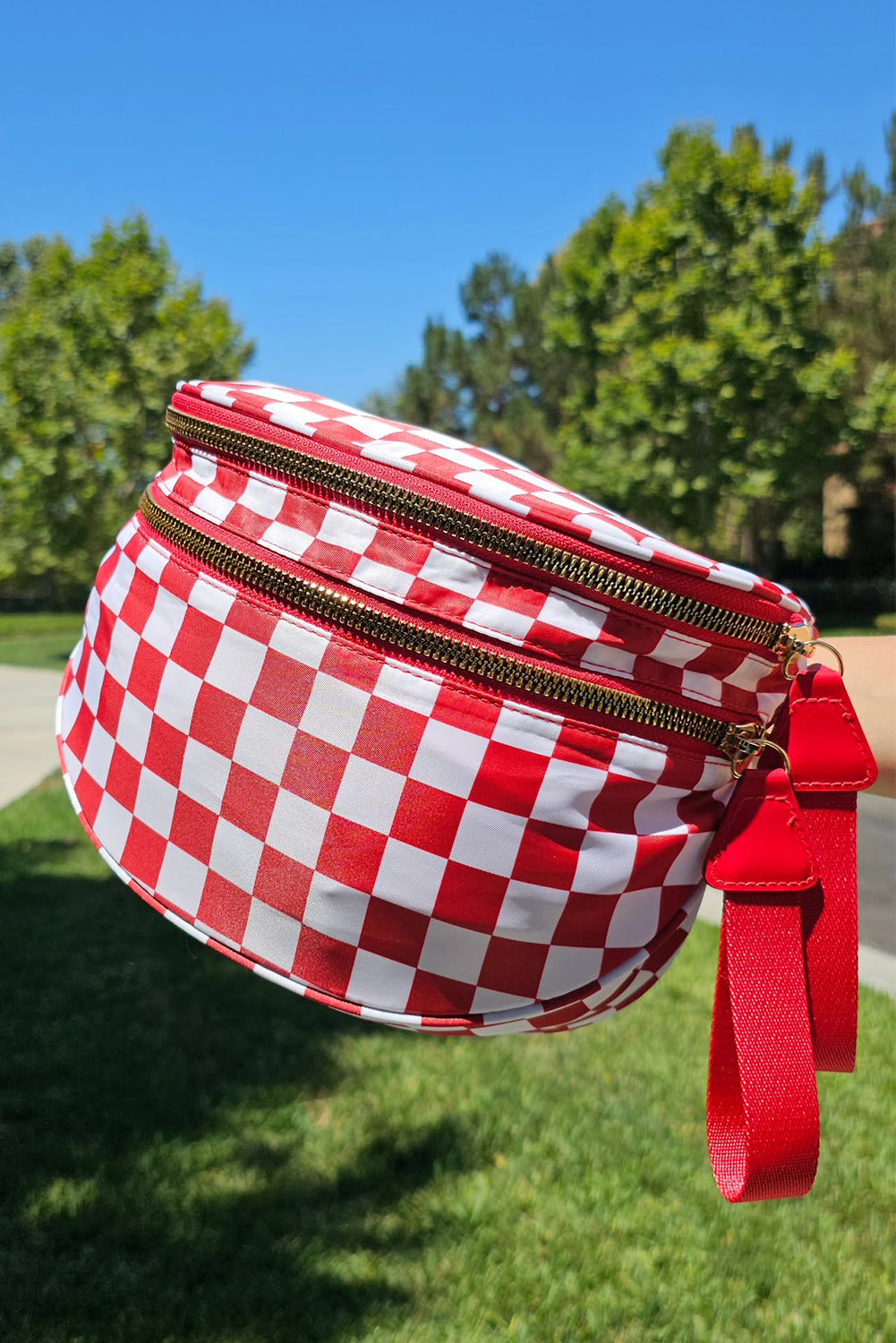 Pink Checkered Print Wide Strap Large Crossbody Bag