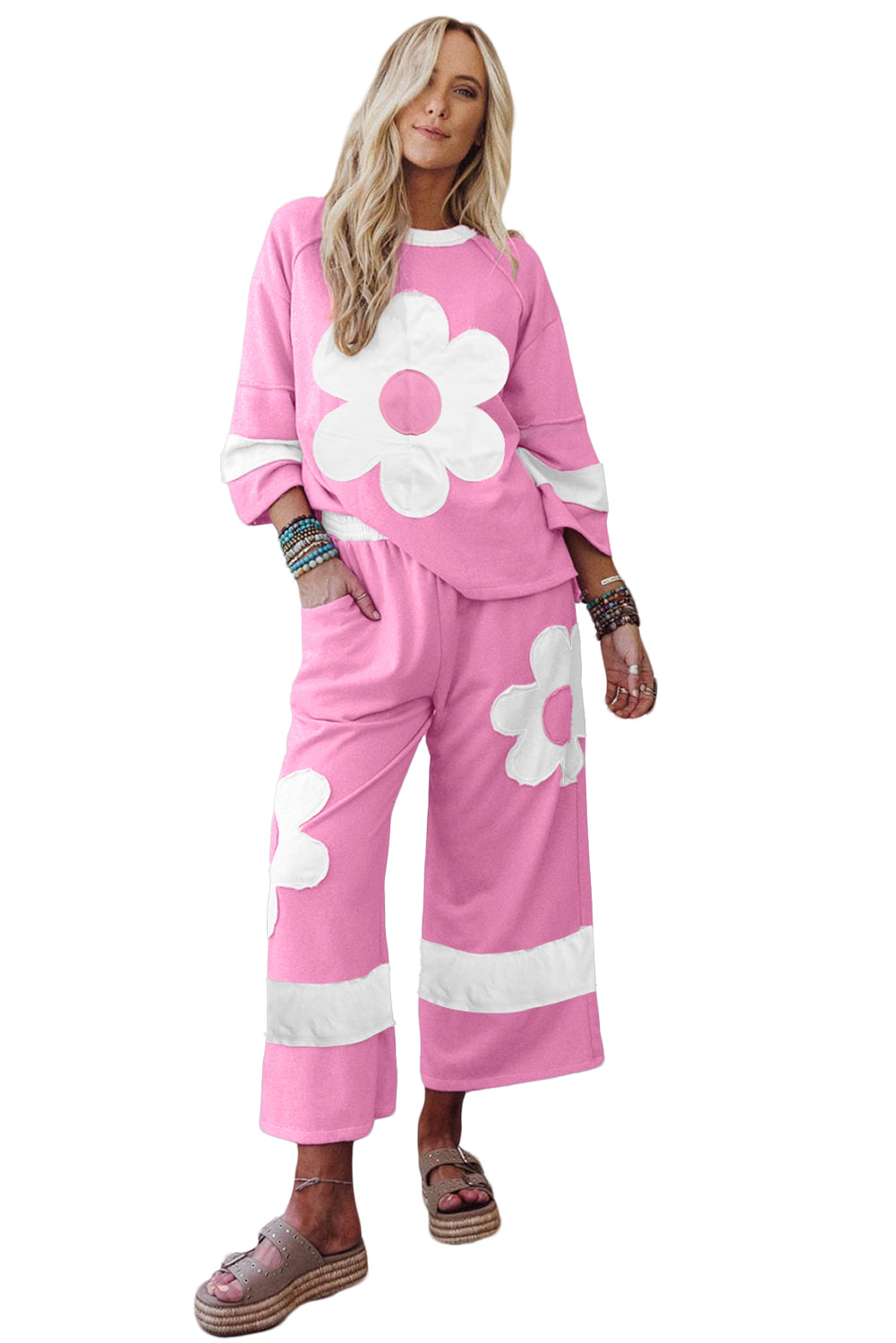 Orchid Bouquet Flower Patched Raw Seam Colorblock Loose Pants Set