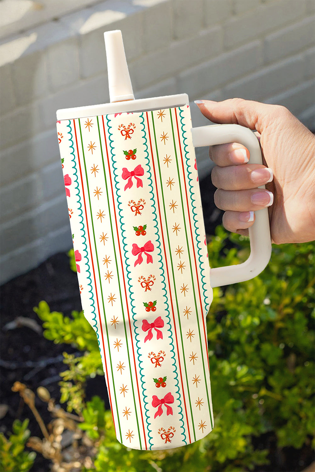 White Christmas Sweet Bow Print Travel Mug with Handle and Straw