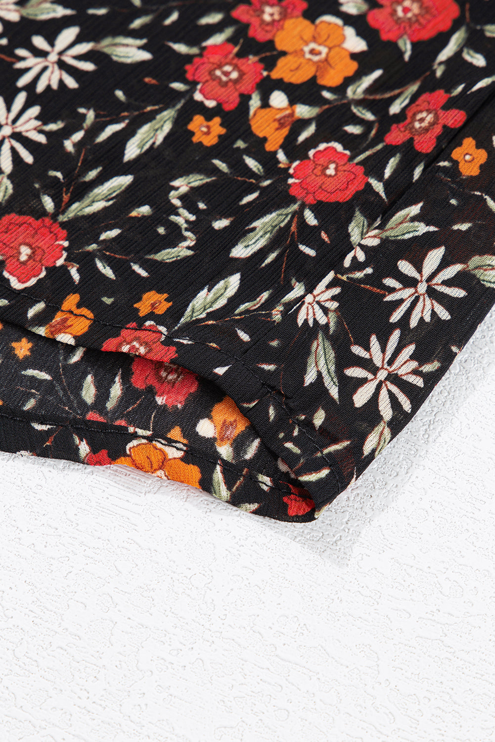 Black Floral Print Collared Button Up Puff Sleeve Shirt