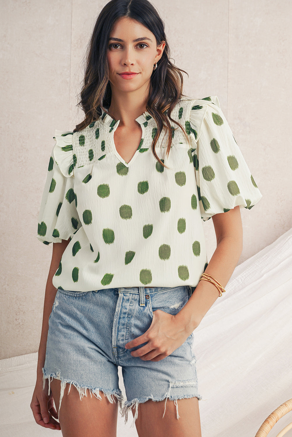 Rose Polka Dot Print Shirred Notched Neck Puff Sleeve Blouse