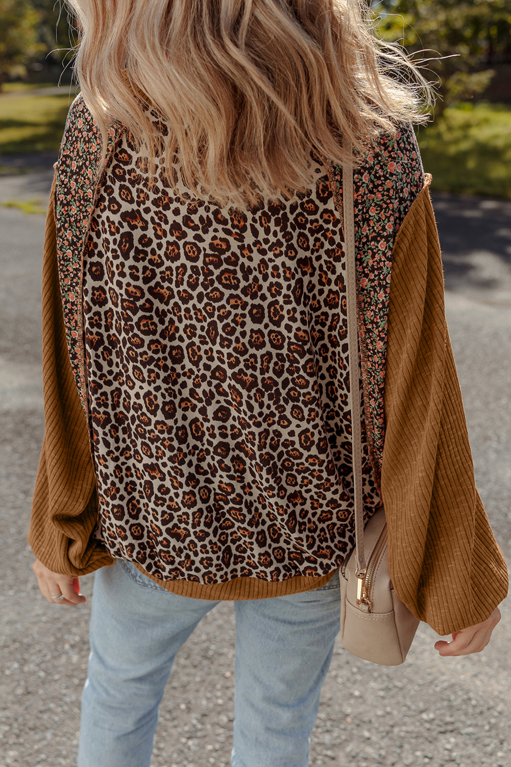 Brown Leopard Floral Print Ribbed Patchwork Puff Sleeve Loose Pullover