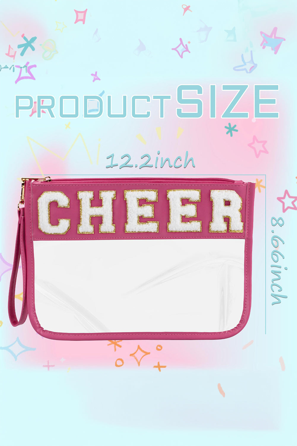 Bright Pink CHEER Chenille Letter Zipper Varsity Clear Makeup Bag