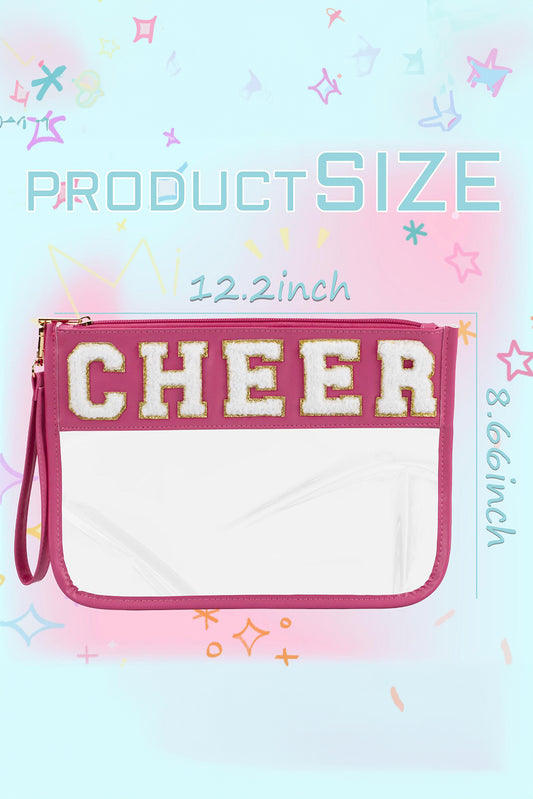 Bright Pink CHEER Chenille Letter Zipper Varsity Clear Makeup Bag
