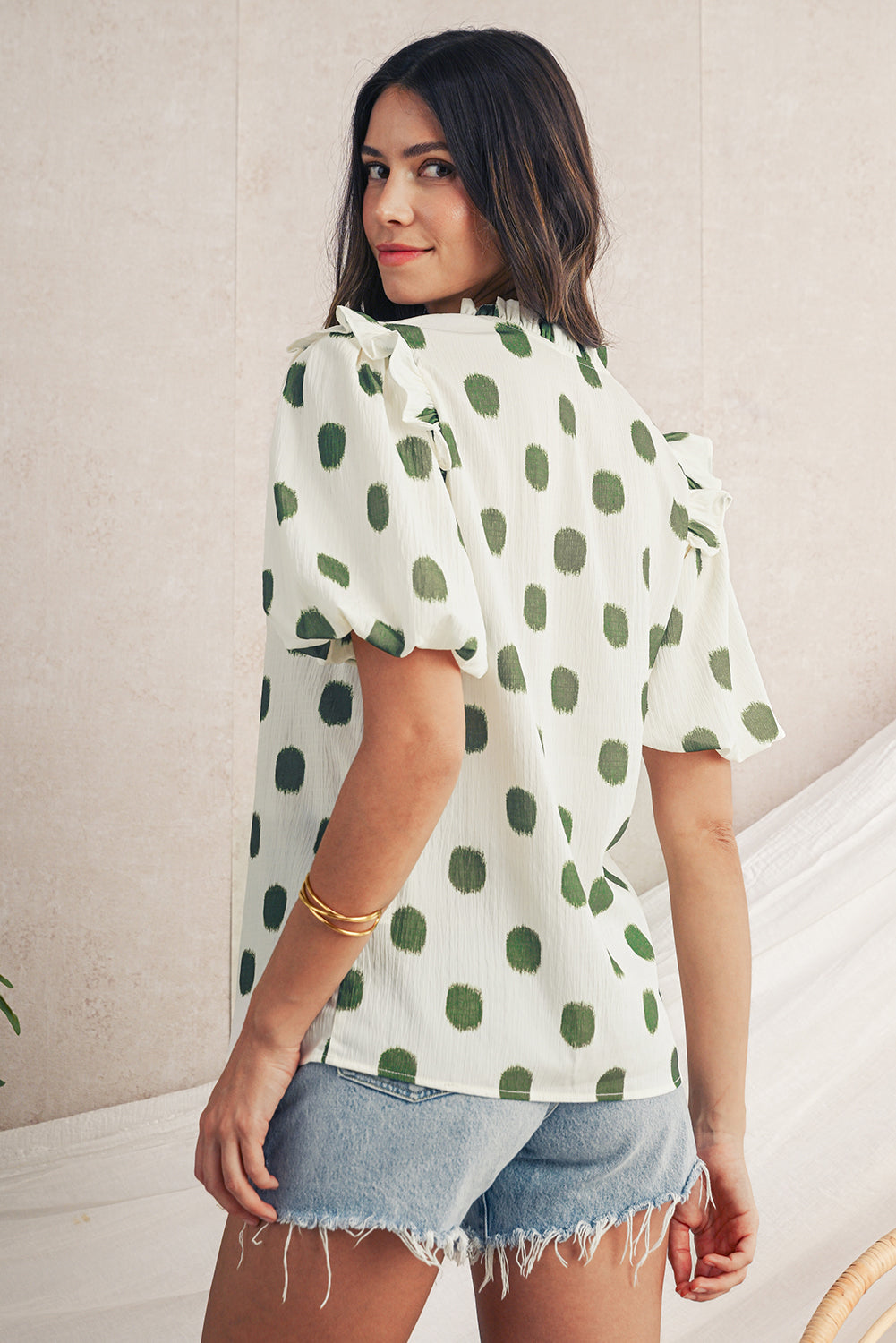 Rose Polka Dot Print Shirred Notched Neck Puff Sleeve Blouse
