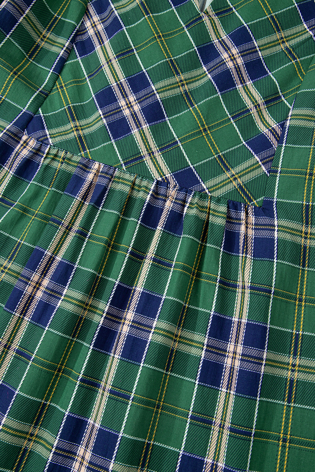 Green Plaid Print Frill Neck Long Sleeve Mini Dress