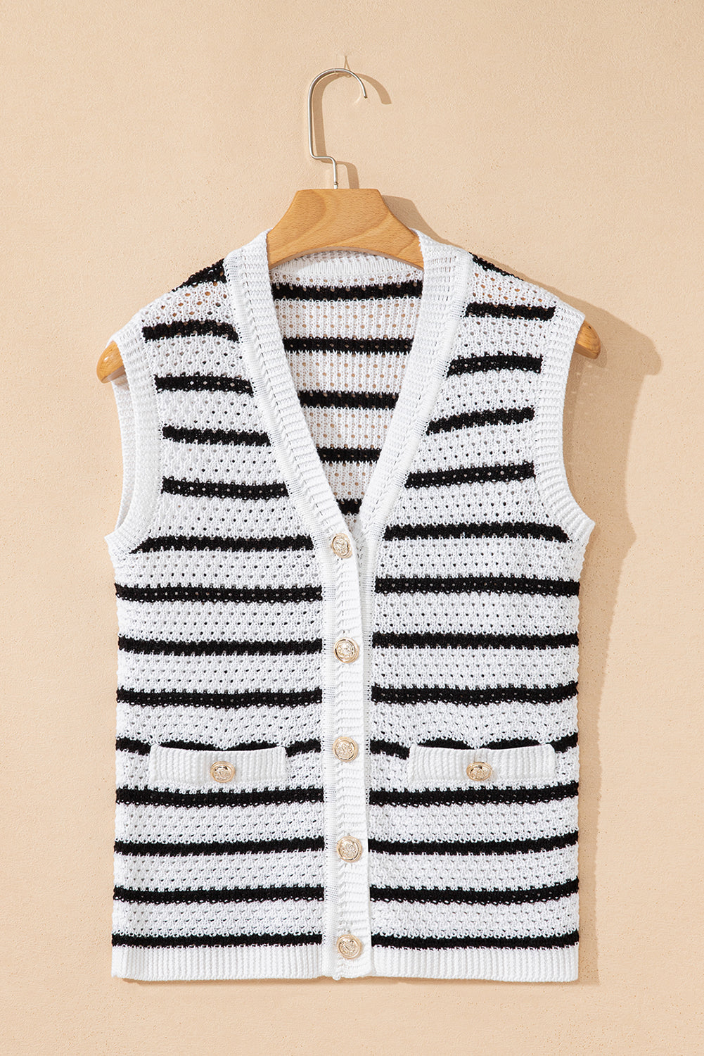 Pink Striped V Neck Button Knit Vest