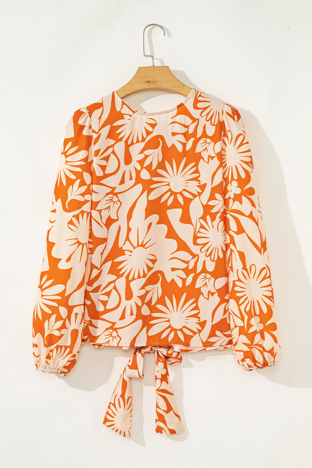 Orange Floral Print Knotted Backless Long Sleeve Blouse