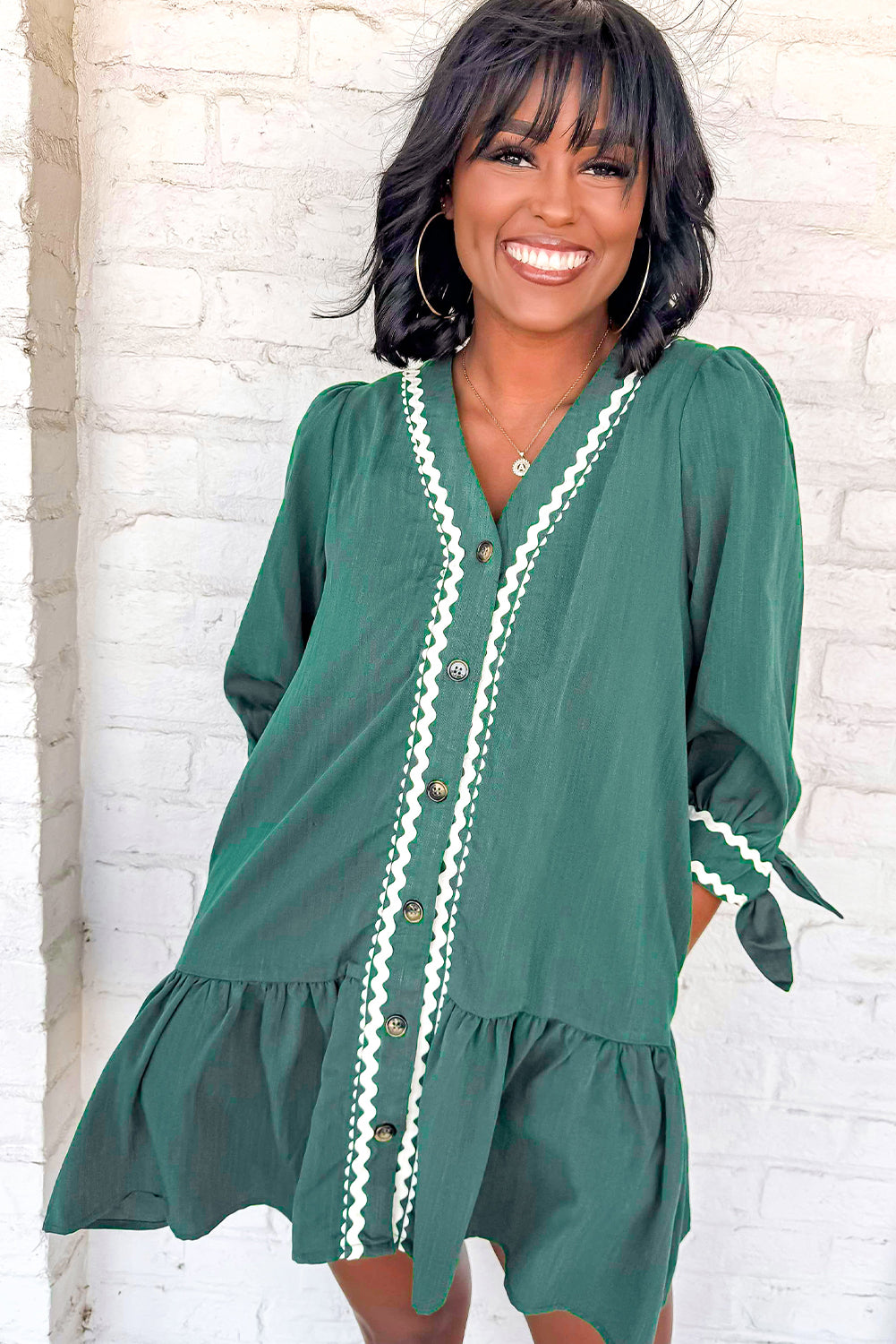 Canton Contrast Ricrac Trim Button V Neck Knotted Bracelet Sleeve Dress