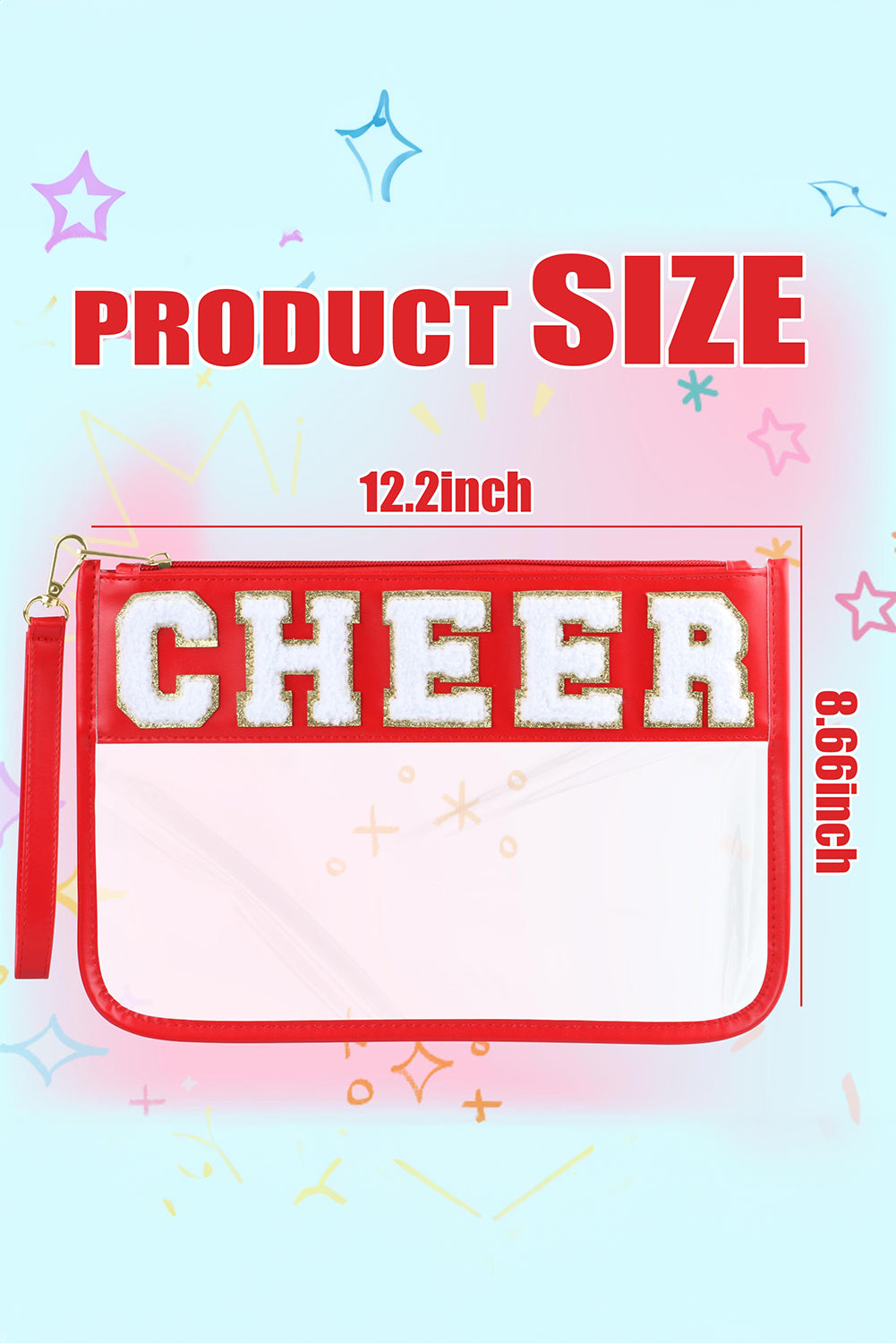 Bright Pink CHEER Chenille Letter Zipper Varsity Clear Makeup Bag