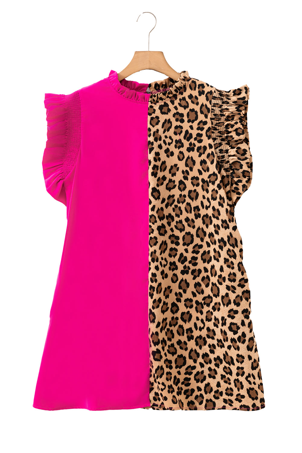 Rose Red Leopard Contrast Patchwork Ruffled Sleeve Short Shift Dress
