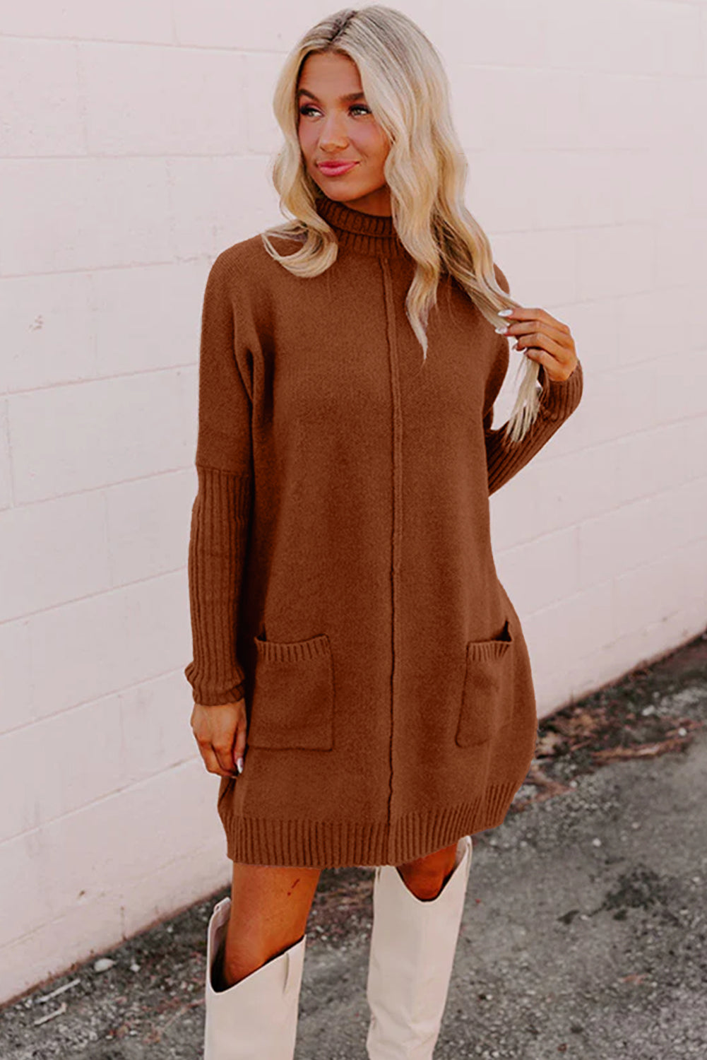 Chestnut Ribbed High Neck Front Pockets Center Seam Shift Sweater Dress