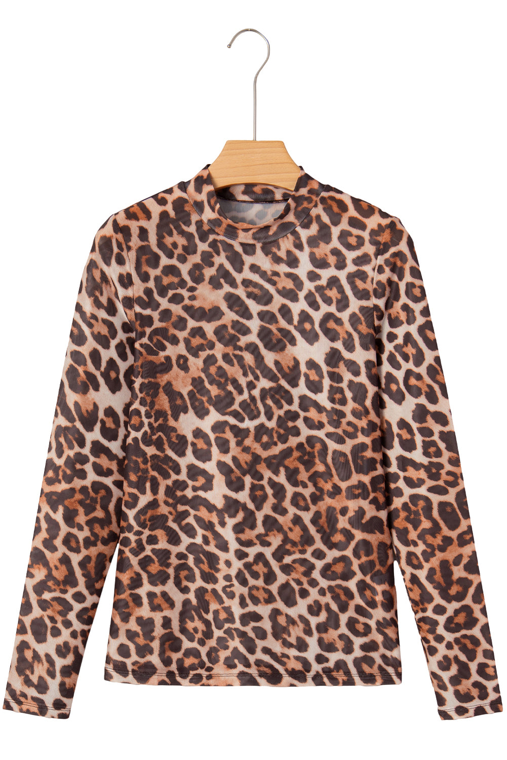 Brown Leopard Mock Neck Long Sleeve Mesh Top