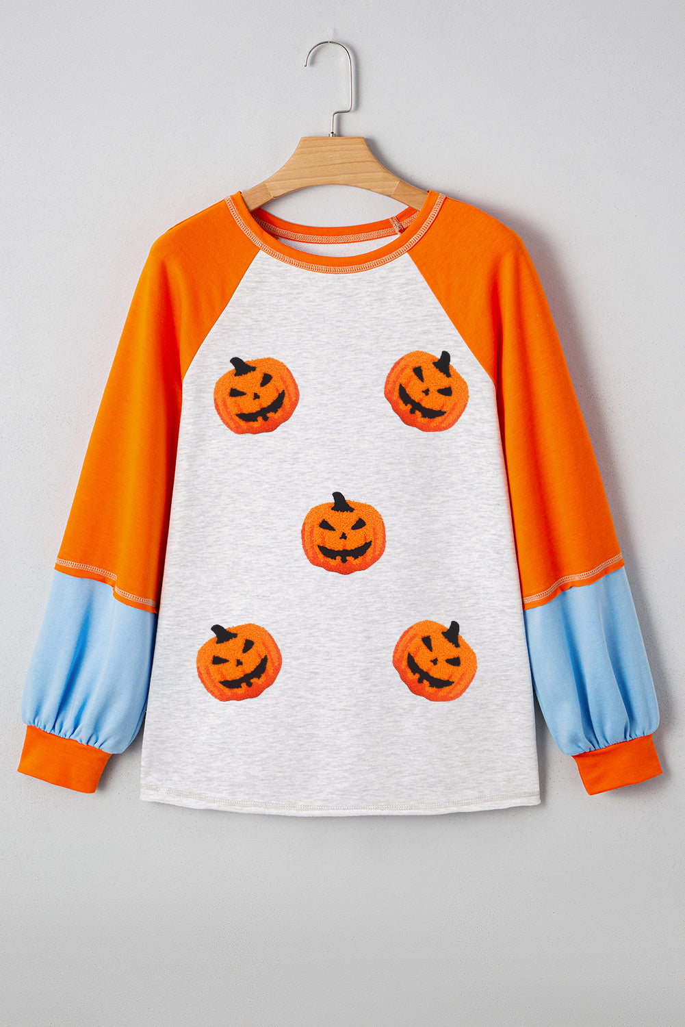 Light Grey Chenille Halloween Pumpkin Terry Flocking Long Sleeve Top