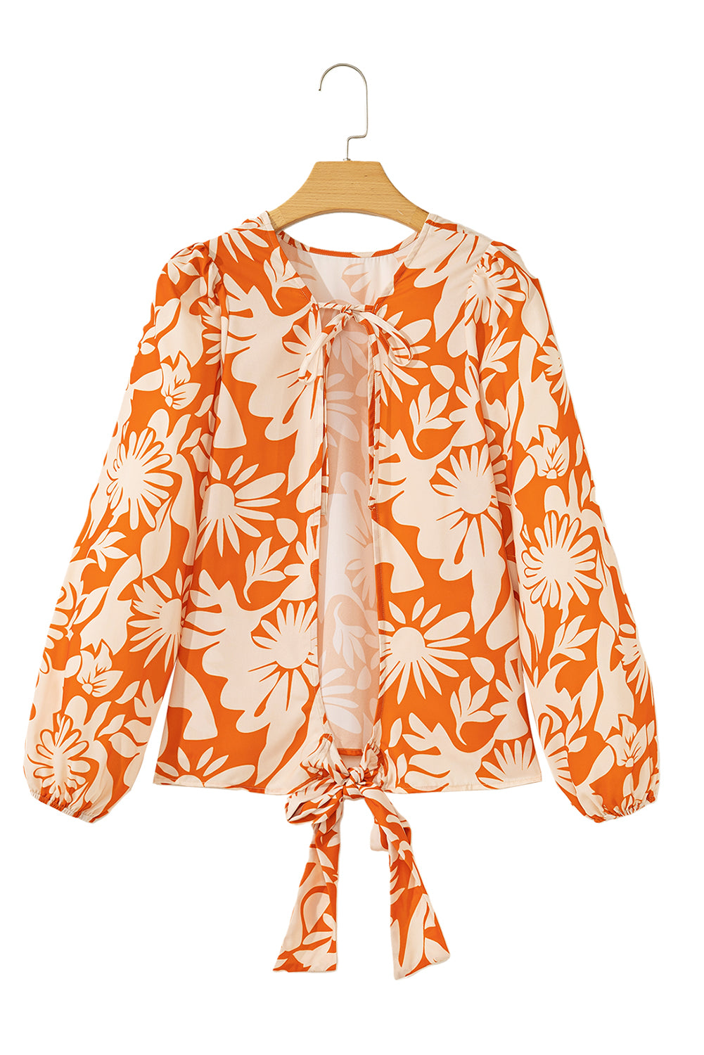 Orange Floral Print Knotted Backless Long Sleeve Blouse