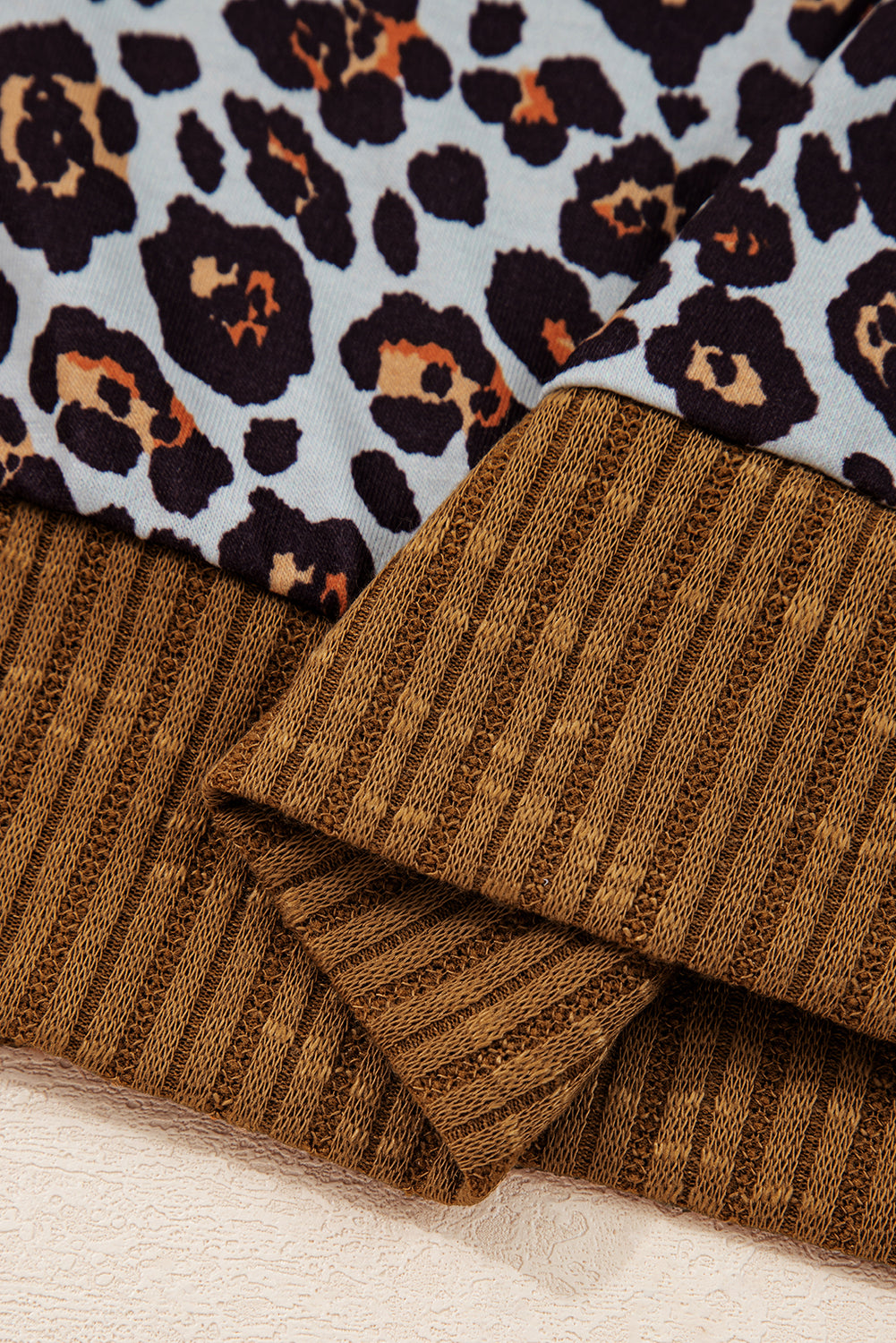 Brown Leopard Floral Print Ribbed Patchwork Puff Sleeve Loose Pullover