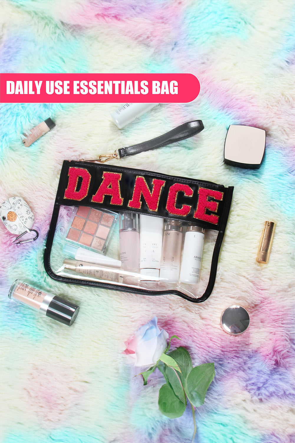 Bright Pink CHEER Chenille Letter Zipper Varsity Clear Makeup Bag