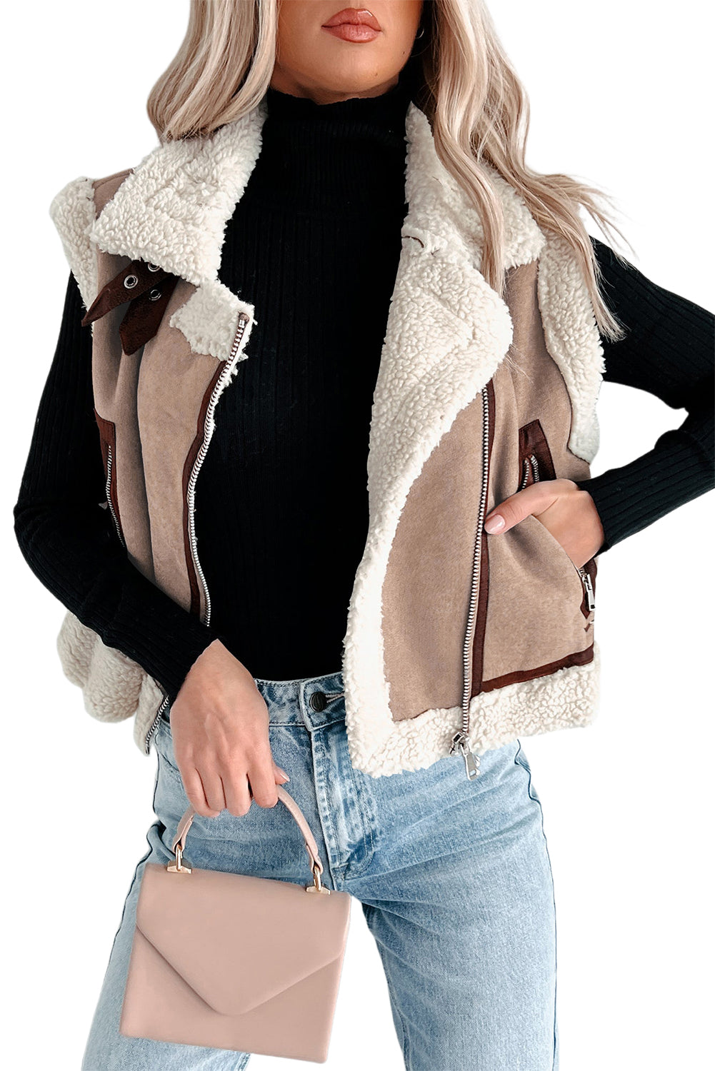 Dark Khaki Sherpa Lined Faux Suede Lapel Collar Vest