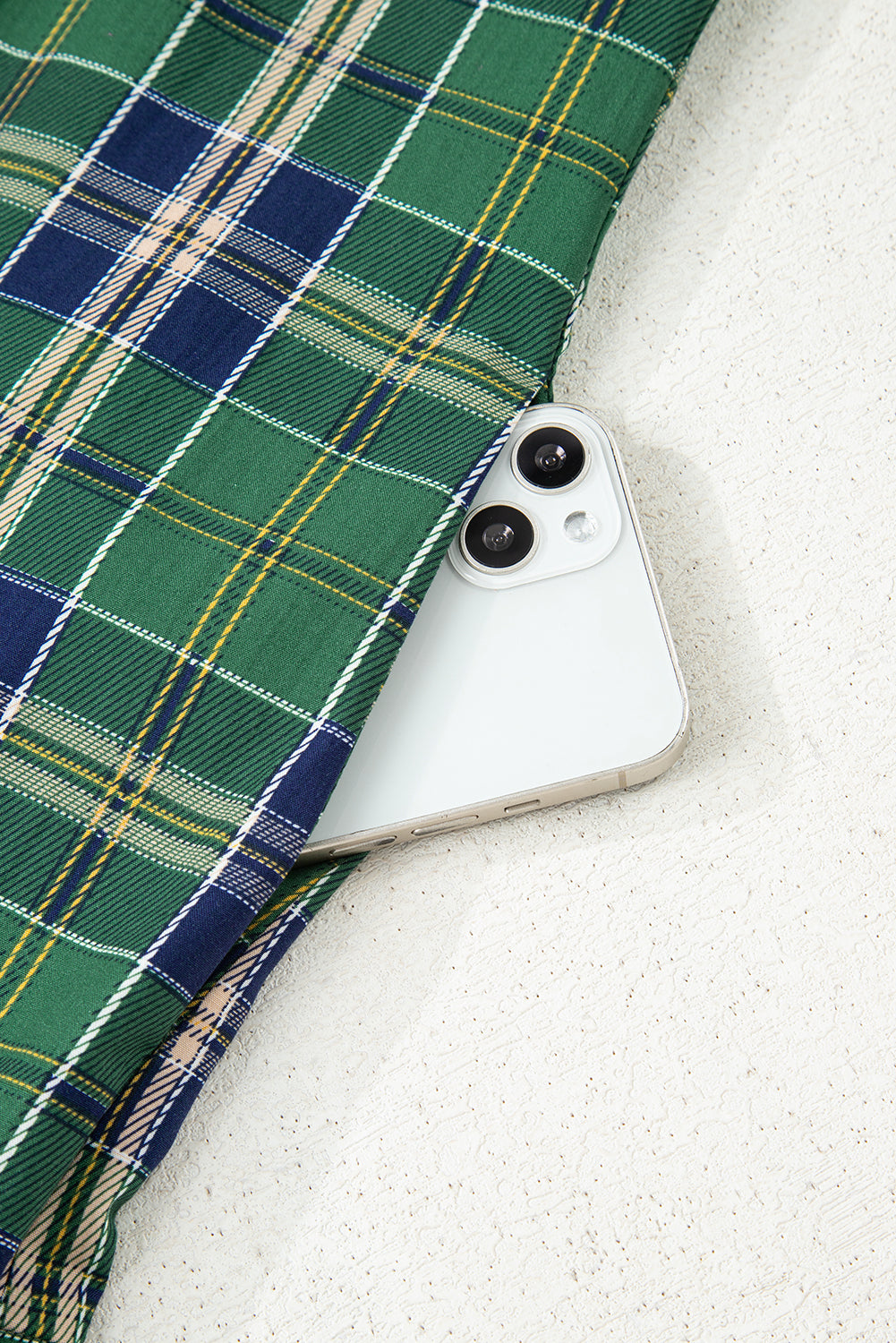 Green Plaid Print Frill Neck Long Sleeve Mini Dress