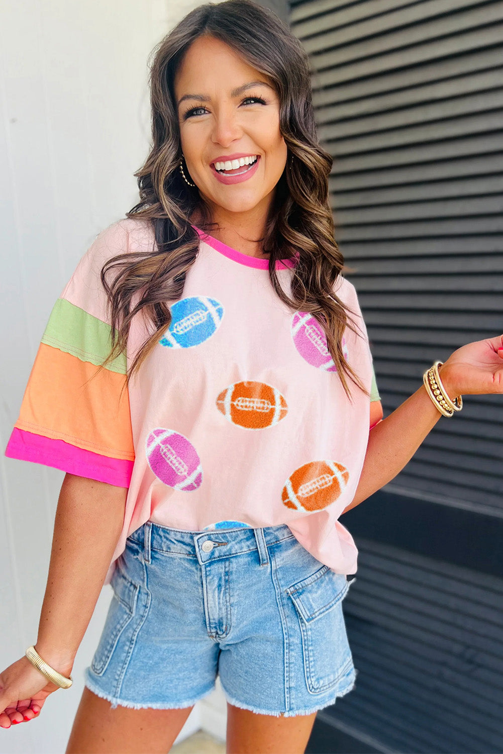 Pink Game Day Football Graphic Color Block Sleeve Tee