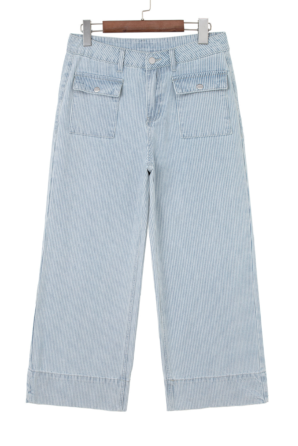 Sky Blue Striped Button Flap Pocket Cuffed Hem Wide Leg Jeans