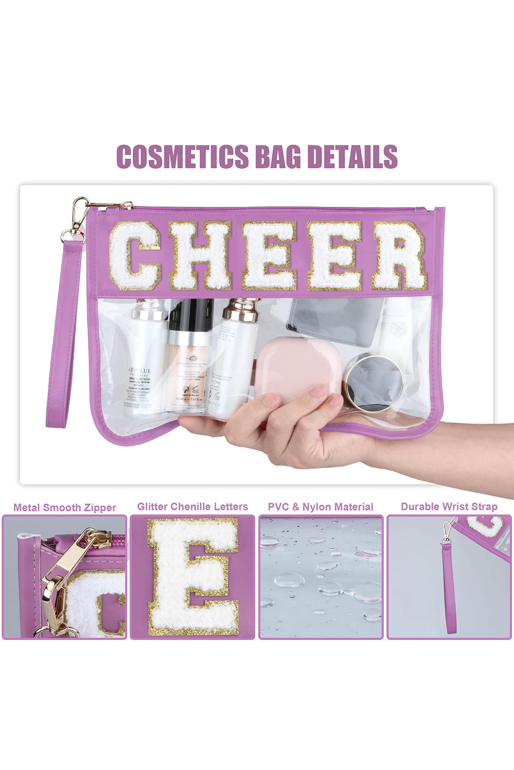 Bright Pink CHEER Chenille Letter Zipper Varsity Clear Makeup Bag